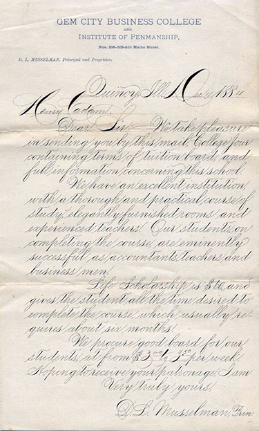 An example of typical business correspondence from 1884, rendered in Spencerian Script.